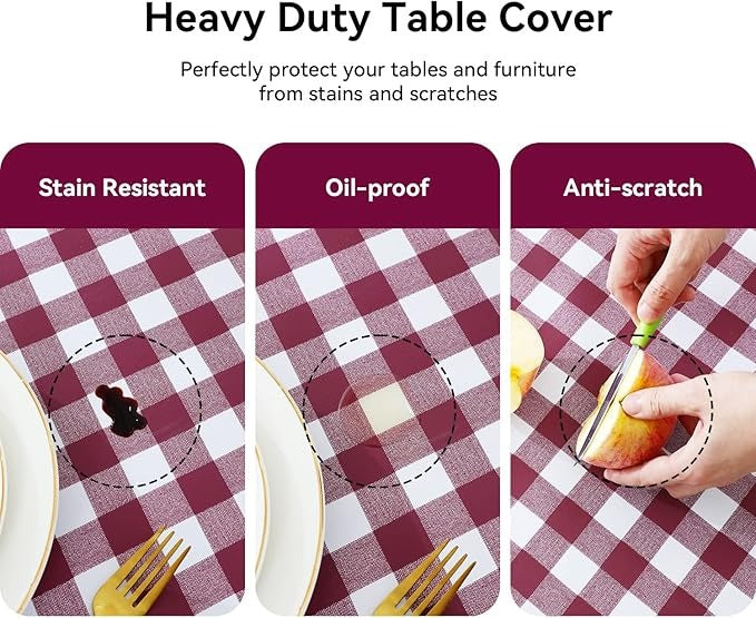 PVC Waterproof and Oil Resistant Plaid Tablecloth in Burgundy and White