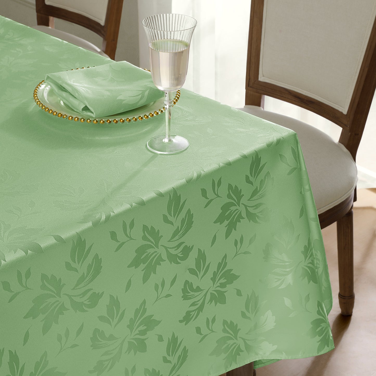 Polyester Jacquard Waterproof Damask Floral Pattern Tablecloth in SageGreen