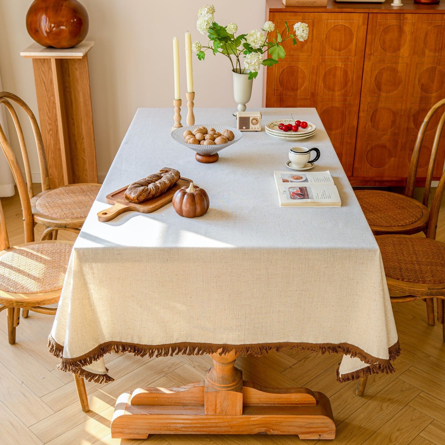 White Polyester Linen Tablecloth with Brown Fringe