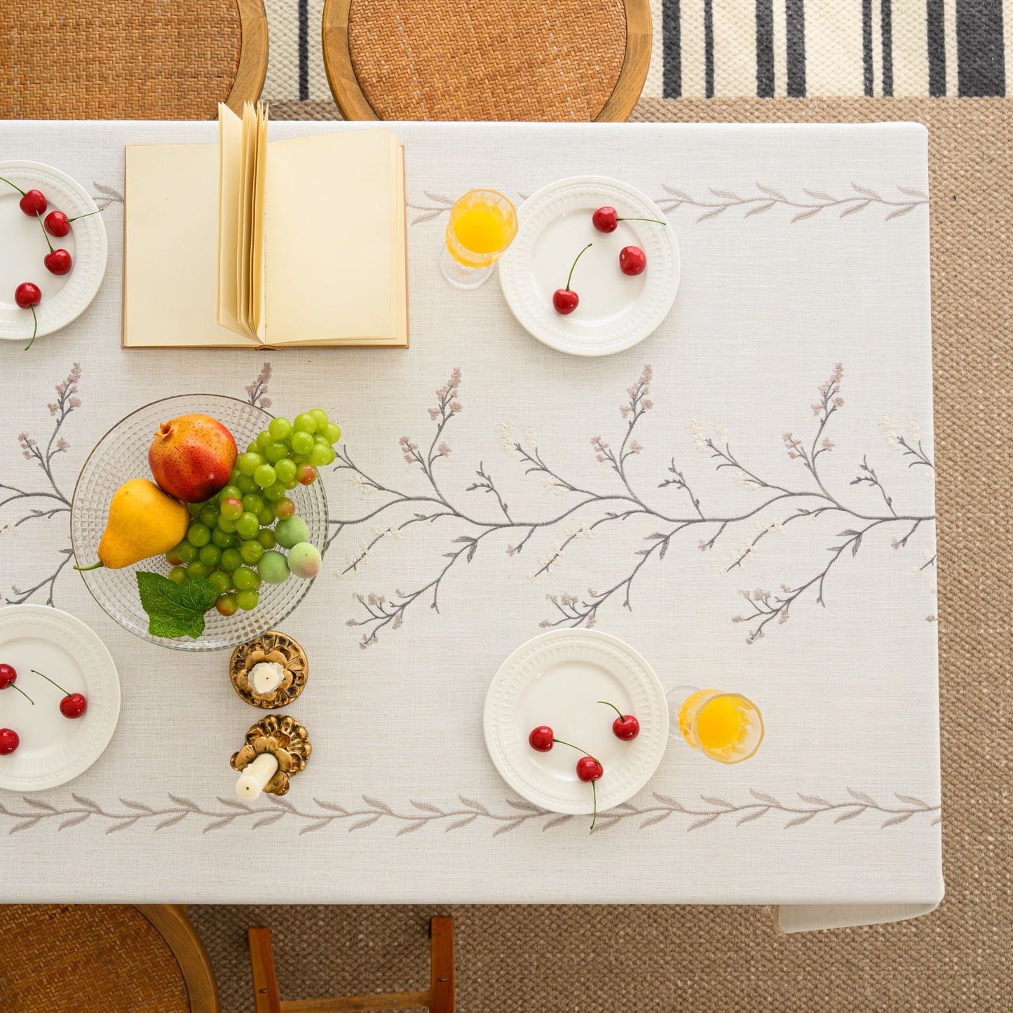 Cotton-Linen Embroidered Grey-beige Floral Tablecloth
