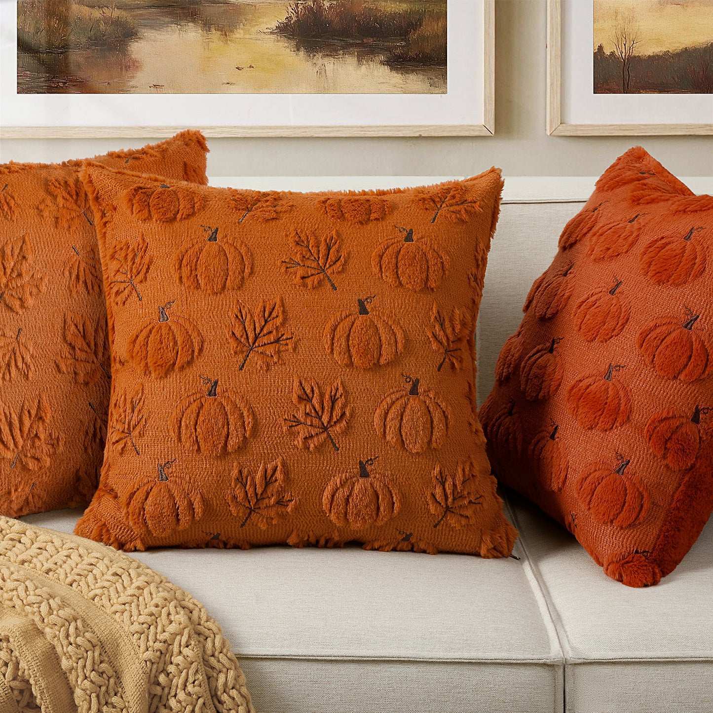 Thanksgiving Fall Harvest Pumpkin 3D Embroidery Pillowcases Cover in Rust