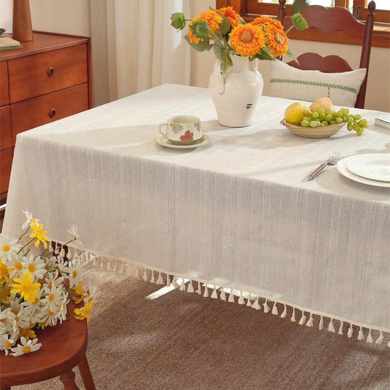 Polyester linen blend multi-strand tassel tablecloth