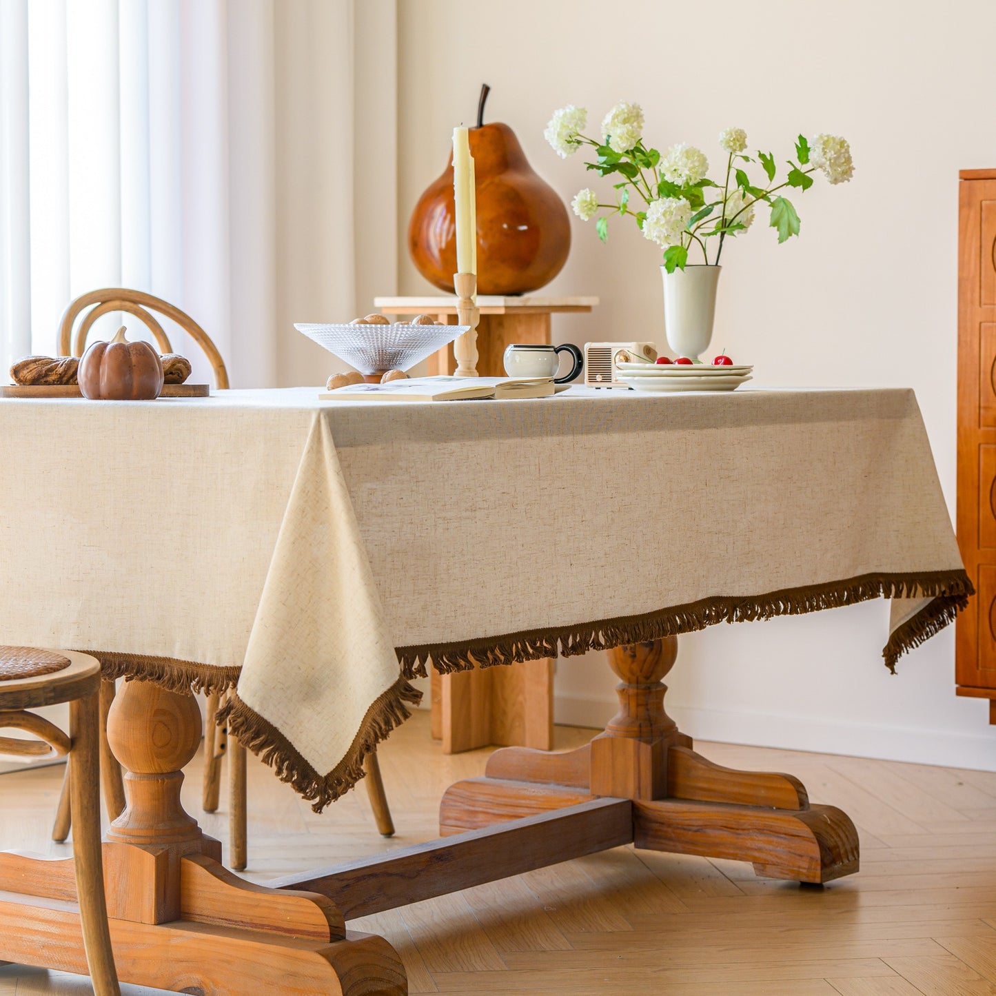 White Polyester Linen Tablecloth with Brown Fringe
