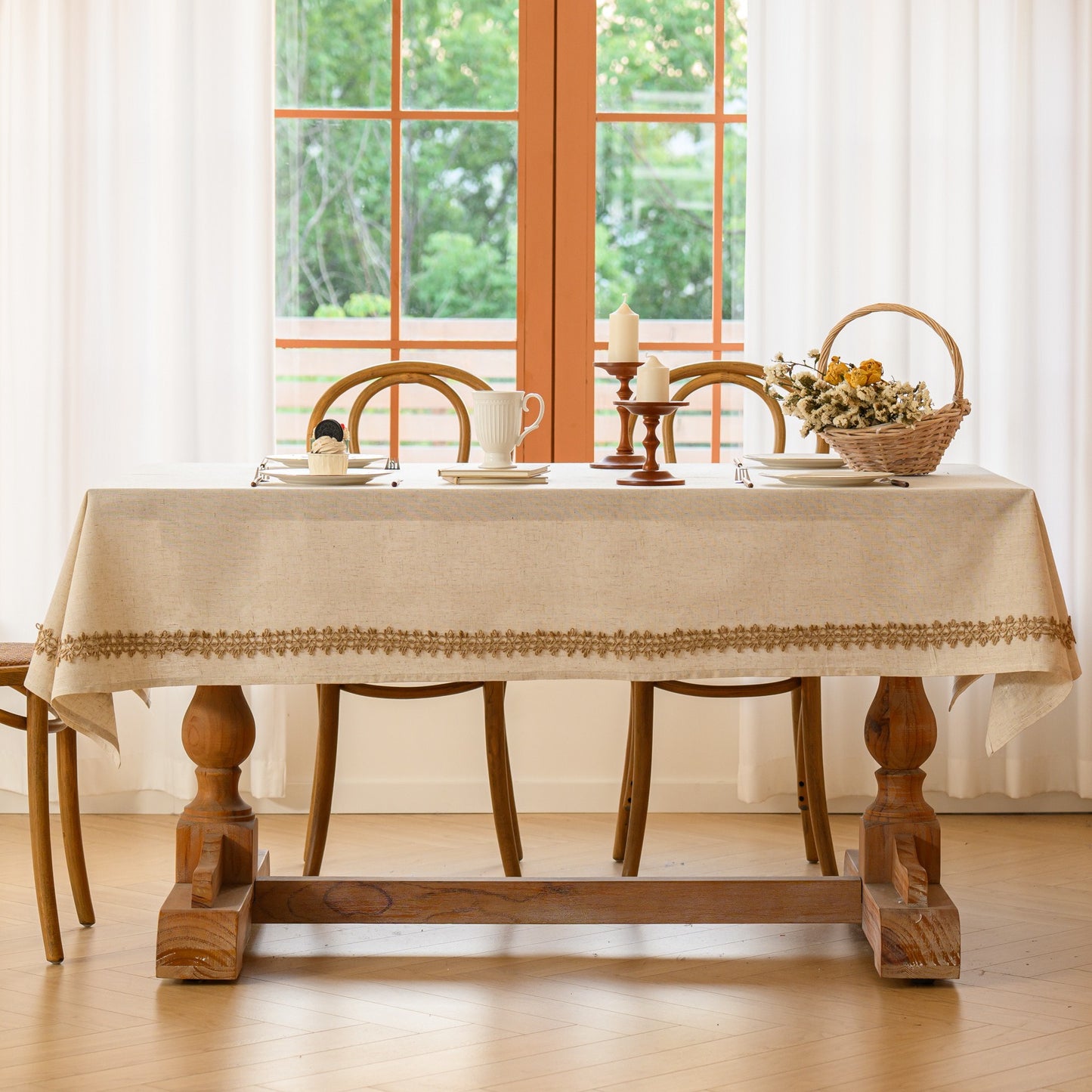 White Polyester Linen Tablecloth with Brown Crisscross Lace