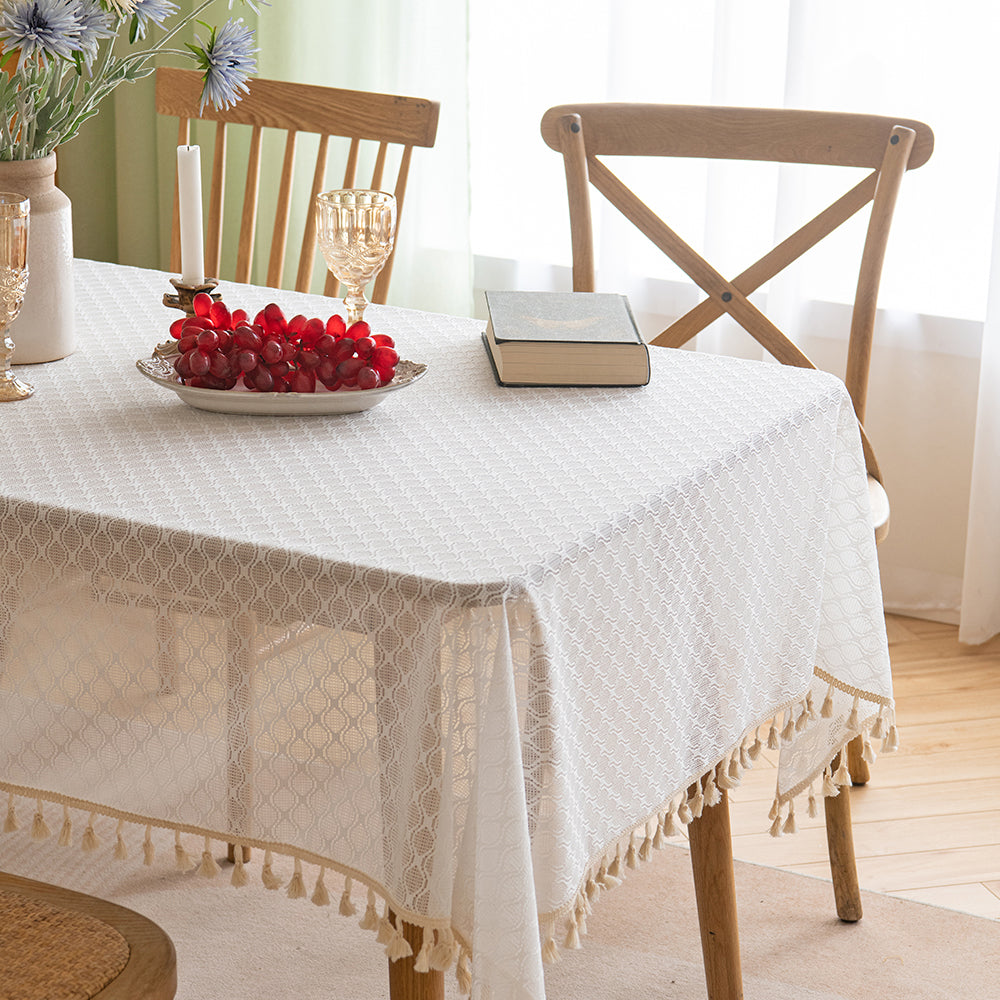 Polyester French-Elegance Lattice Tablecloth with Wheat Tassels in White