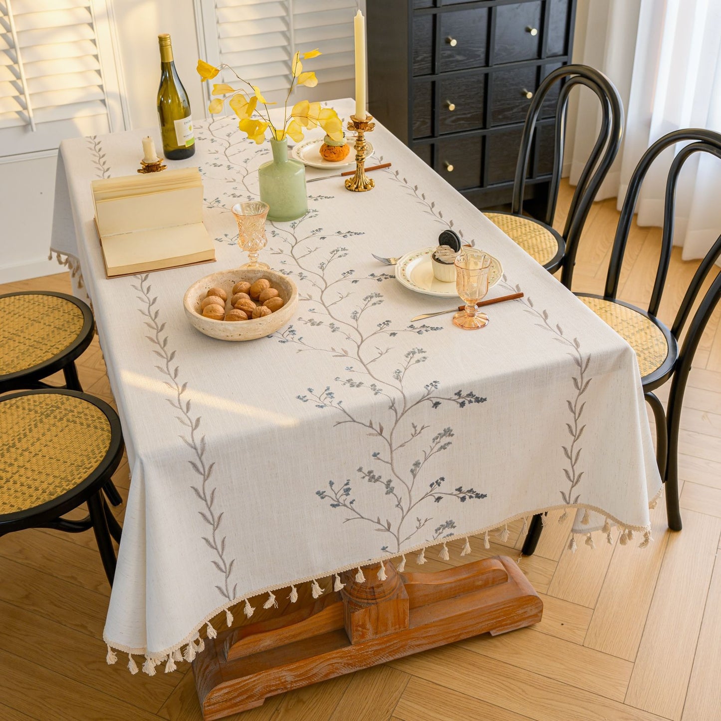 Cotton-Linen Embroidered Grey-blue Floral Tablecloth