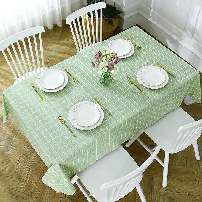PVC Waterproof and Oil Resistant LargePlaid Tablecloth in Green and White