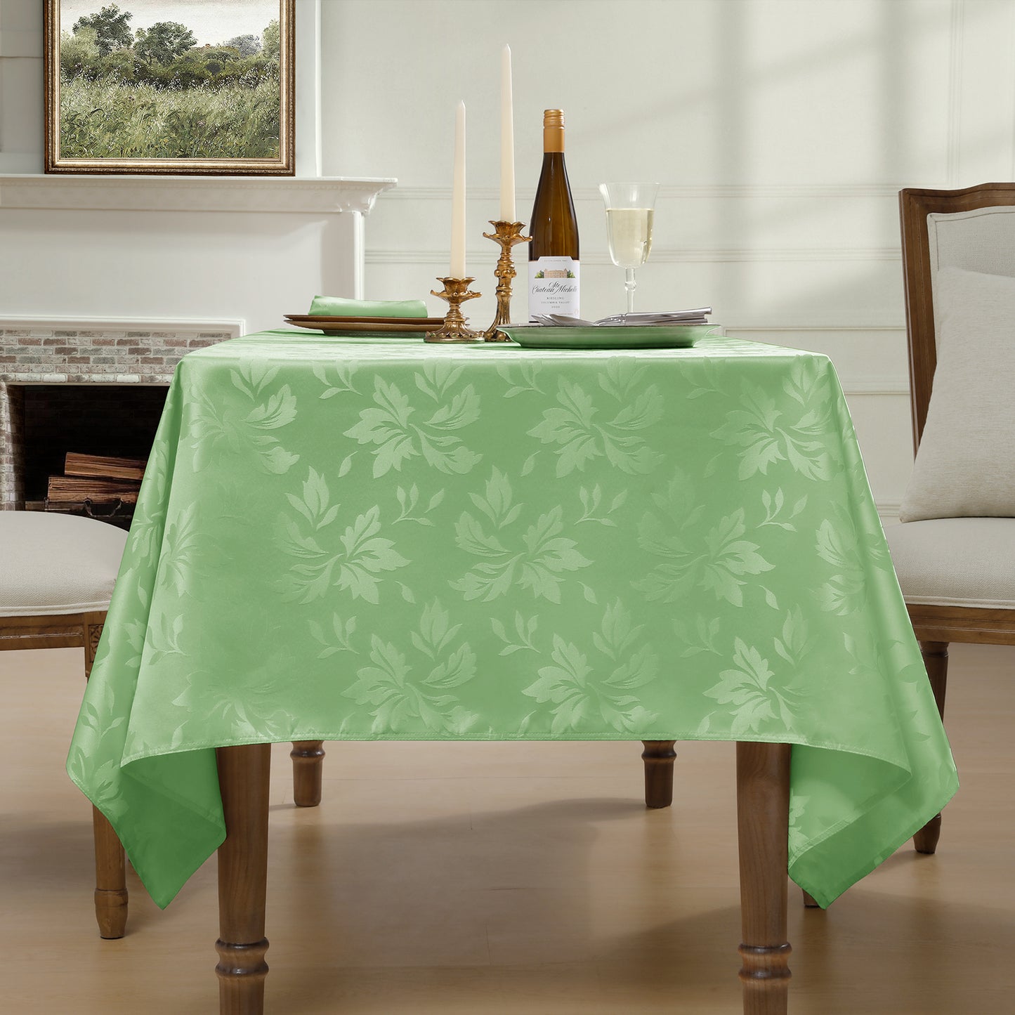 Polyester Jacquard Waterproof Damask Floral Pattern Tablecloth in SageGreen