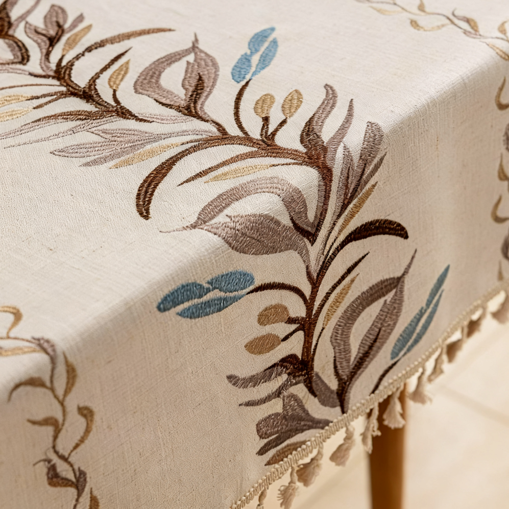 Polyester-Cotton Blend Embroidered Coffee Brown Banana Leaf Tablecloth