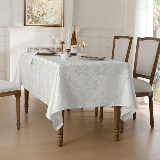 Polyester Jacquard Waterproof Damask Floral Pattern Tablecloth in White