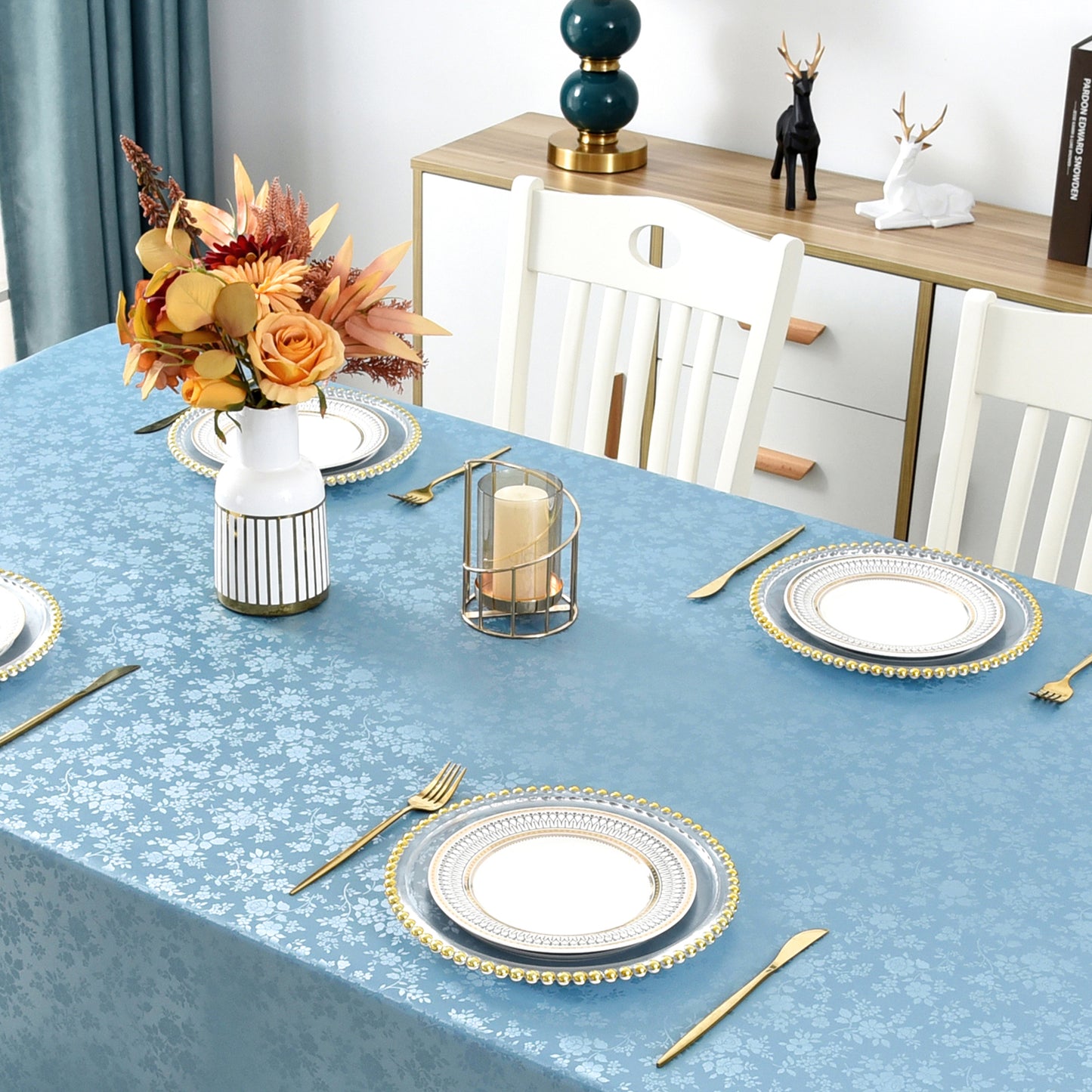 Polyurethane 100% Waterproof and Oil Resistant Chequered Tablecloth in Blue