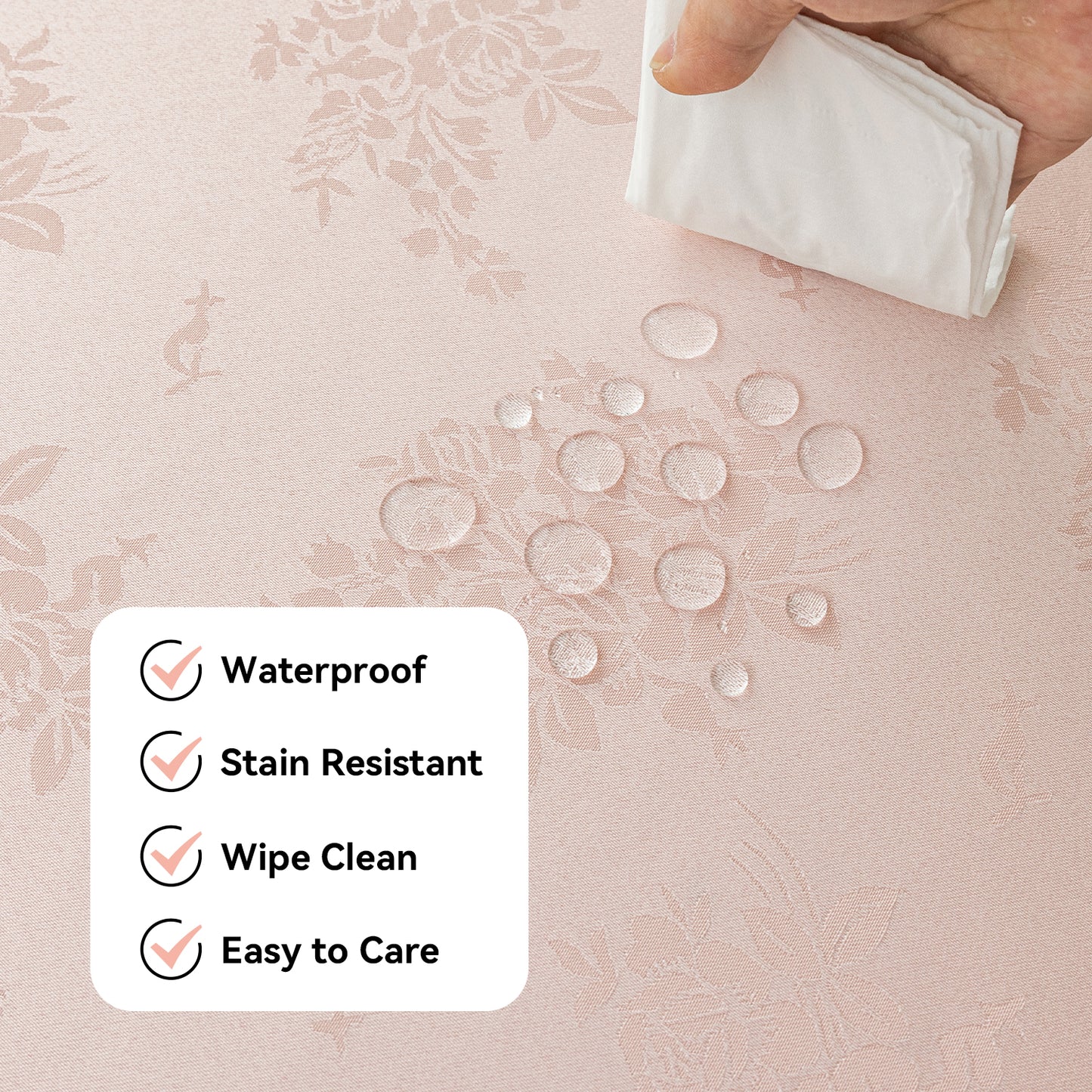 Polyester Jacquard Waterproof Elegant Damask Rose Floral Pattern Tablecloth in Light Pink