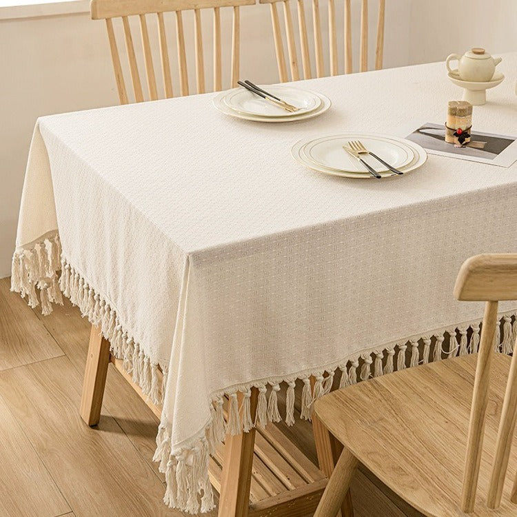 Cotton-linen tablecloth with tassels in Beige