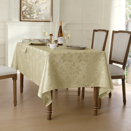 Polyester Jacquard Waterproof Damask Floral Pattern Tablecloth in Champagne