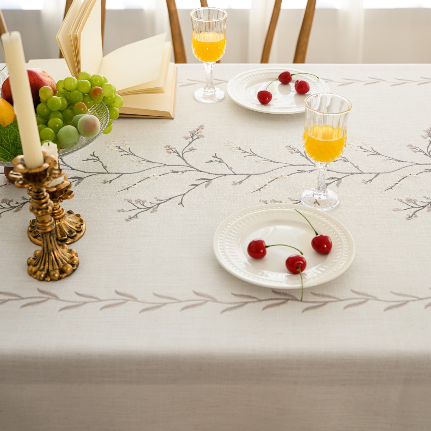 Cotton-Linen Embroidered Grey-beige Floral Tablecloth