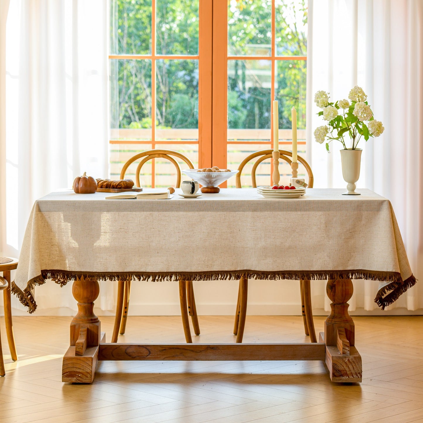 White Polyester Linen Tablecloth with Brown Fringe