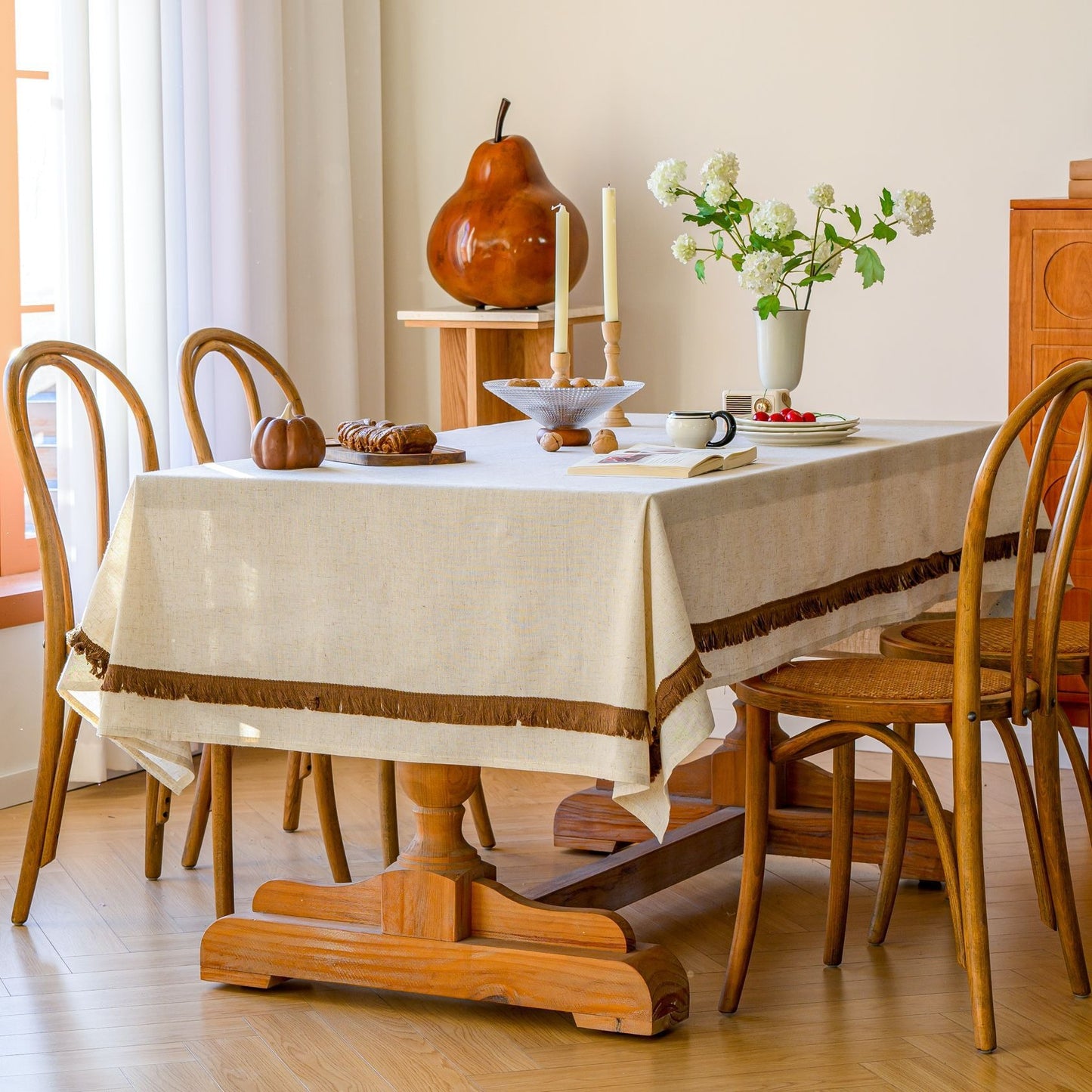 White Polyester Linen Tablecloth with Brown Tassel Lace