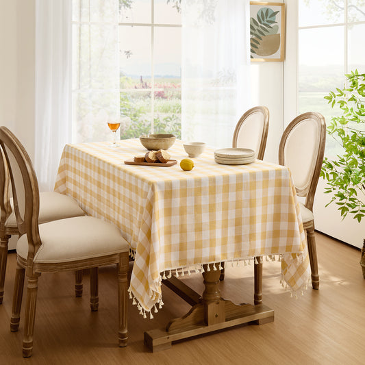 Wrinkle-Resistant Cotton Blend Classic Gingham Tablecloth with Tassels in Yellow