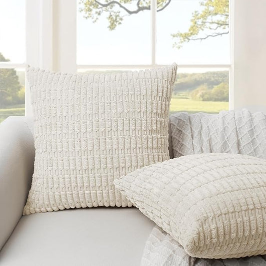 Soft Corduroy Puffy Stripe Pattern Pillowcases in Cream