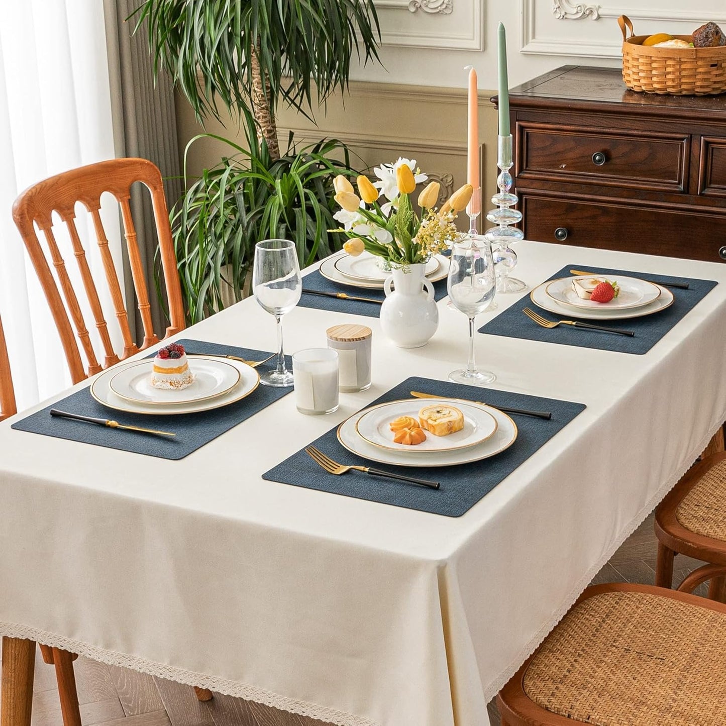 Polyurethane Linen-textured 100% Waterproof Oil-Proof Wipeable Heat Resistant Placemats Set in Navy Blue