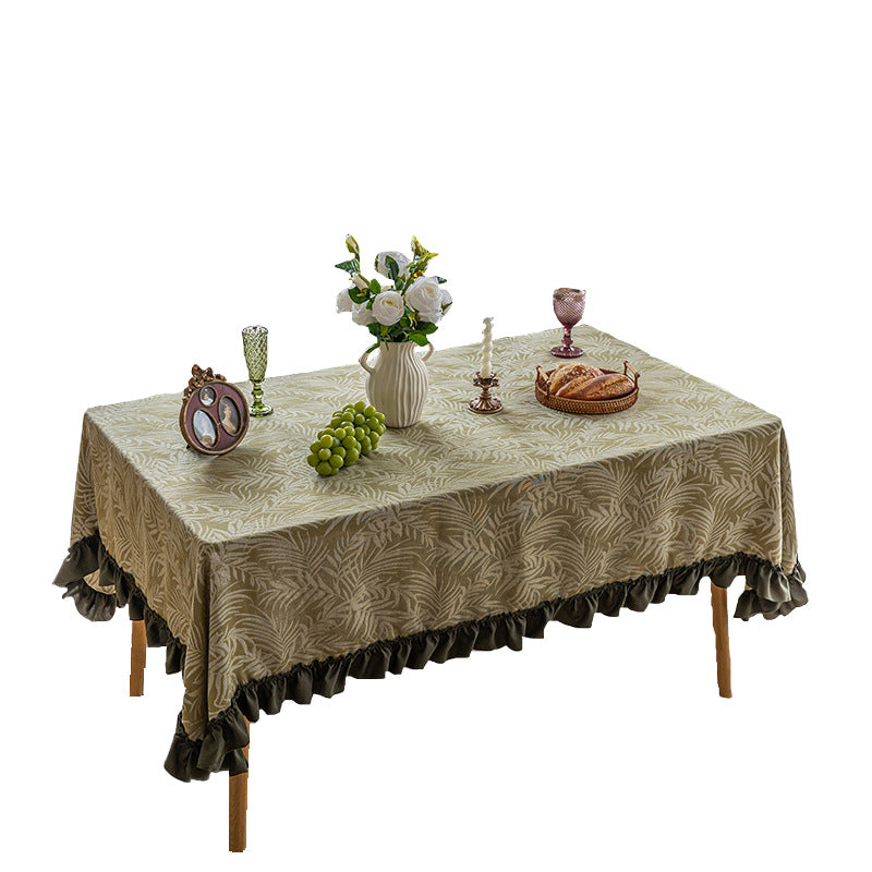 Green-based White-leaf Jacquard Tablecloth with Appliqué Lace Trim