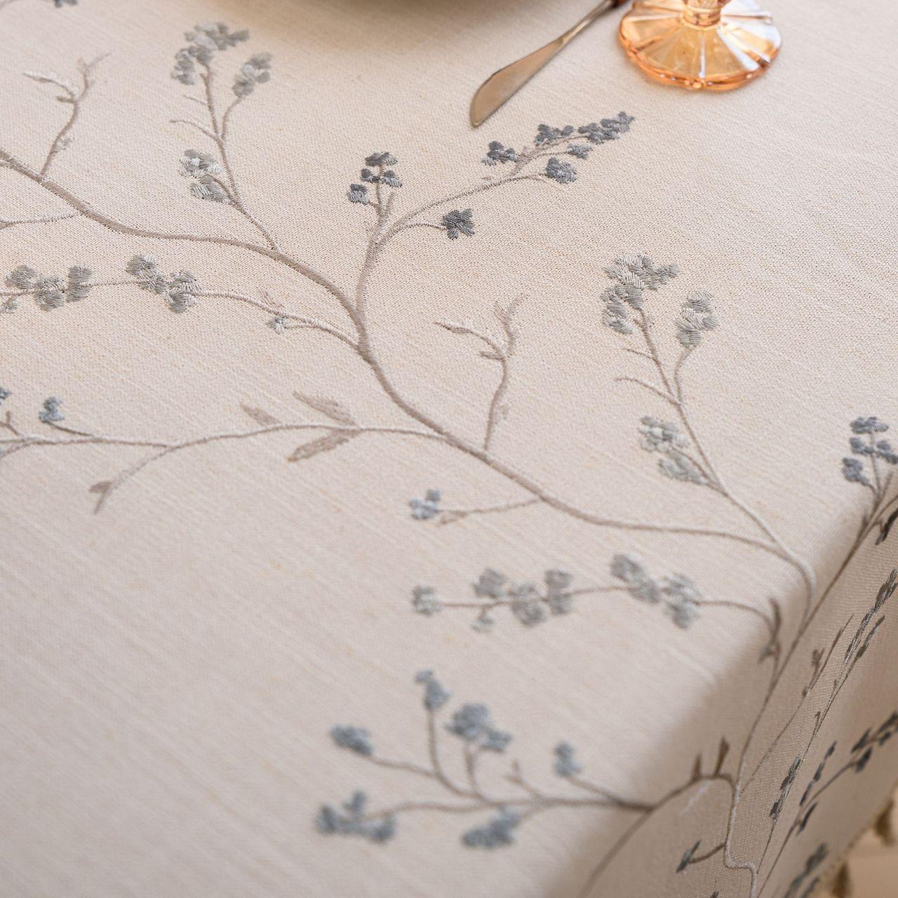 Cotton-Linen Embroidered Grey-blue Floral Tablecloth