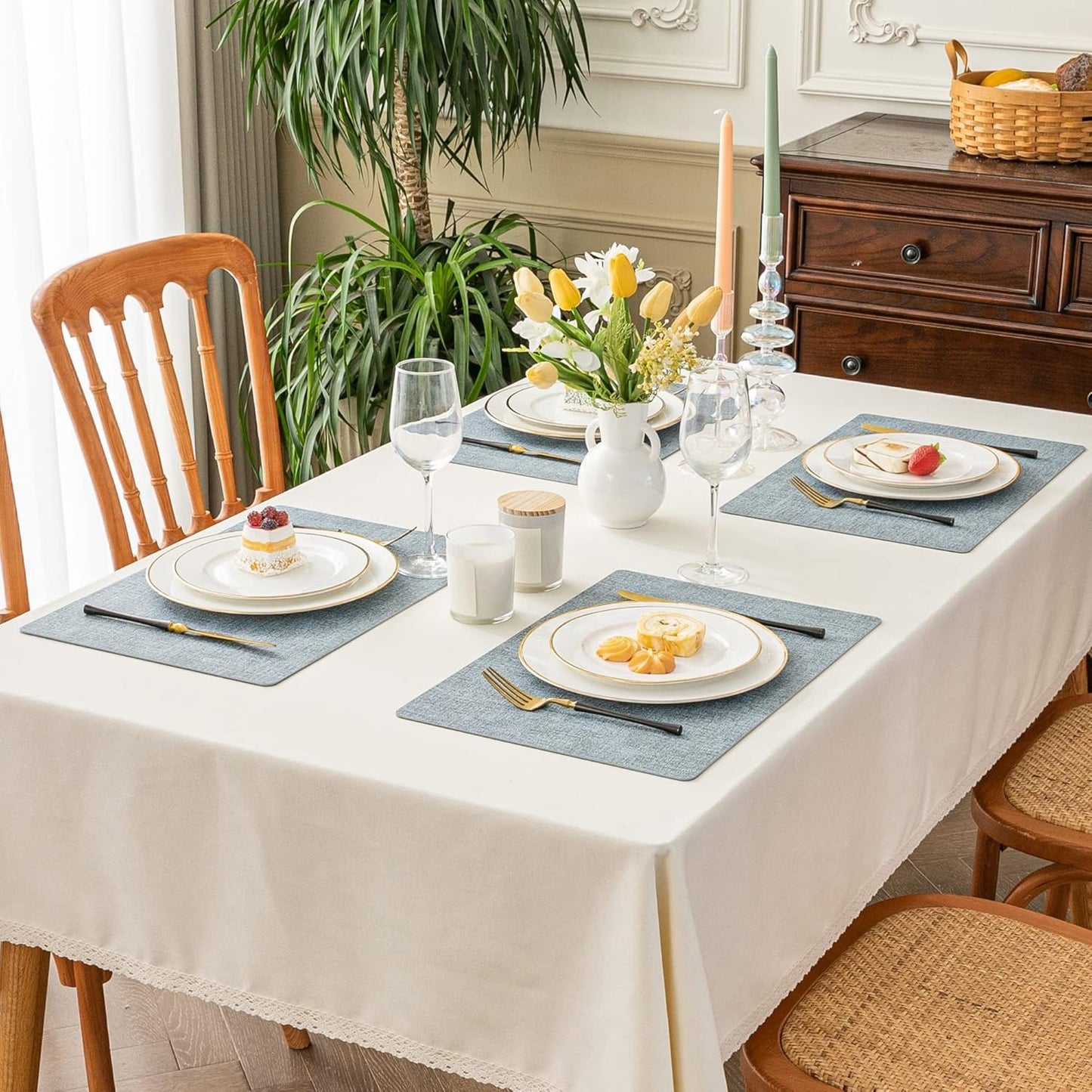 Polyurethane Linen-textured 100% Waterproof Oil-Proof Wipeable Heat Resistant Placemats Set in Sky Blue