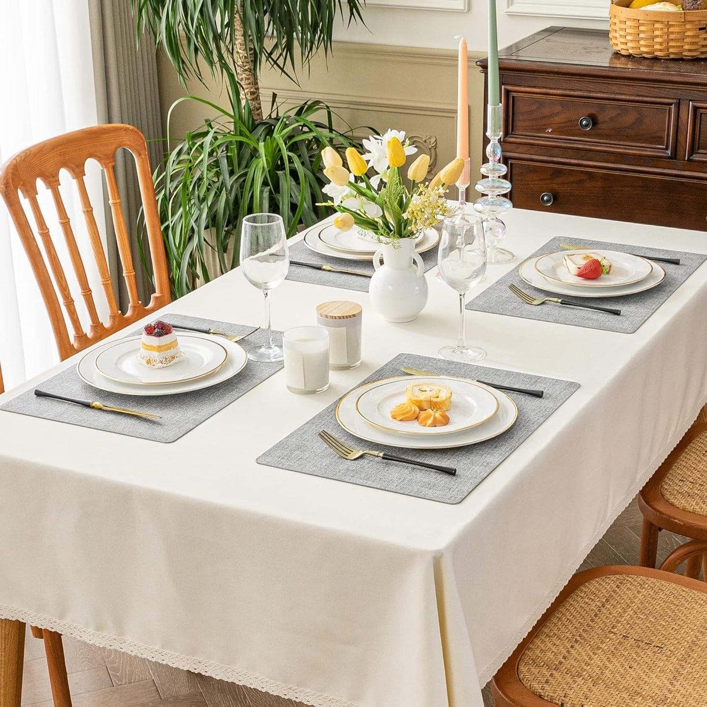 Polyurethane Linen-textured 100% Waterproof Oil-Proof Wipeable Heat Resistant Placemats Set in Light Grey