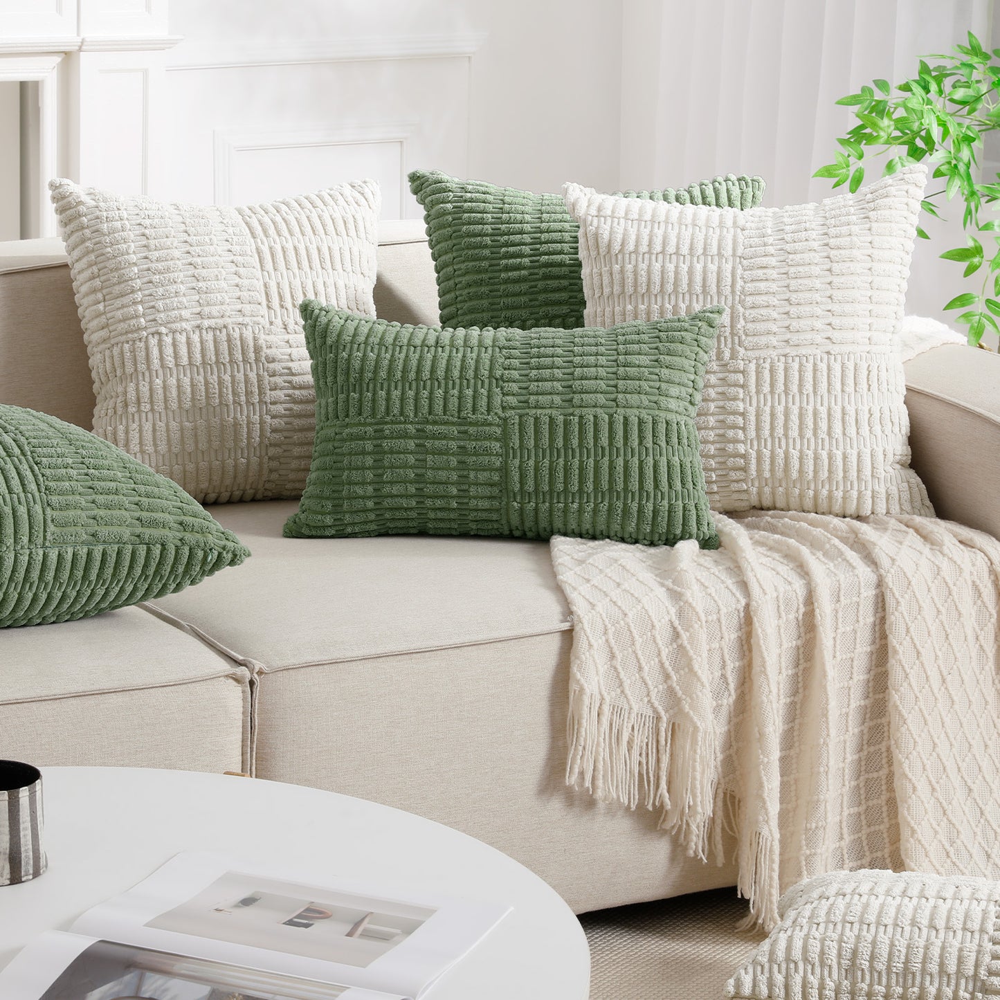 Soft Corduroy Puffy Irregularly Stripe Pattern Pillowcases in Cream