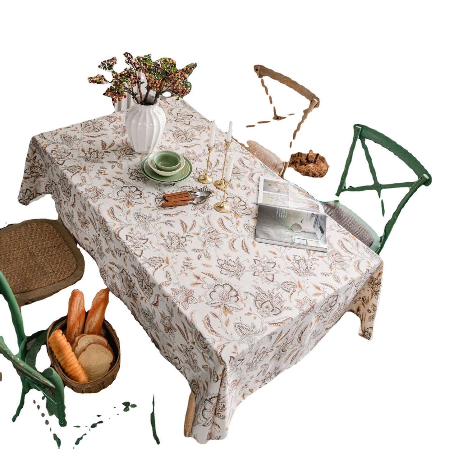 Cotton-Linen Blend Apricot Camellia Print Tablecloth