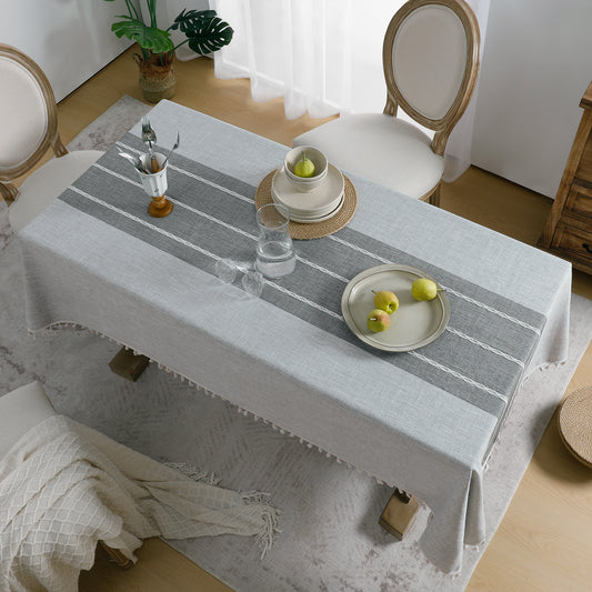 Wrinkle-Resistant and Waterproof Cotton Blend Tassel Tablecloth in Grey Lines