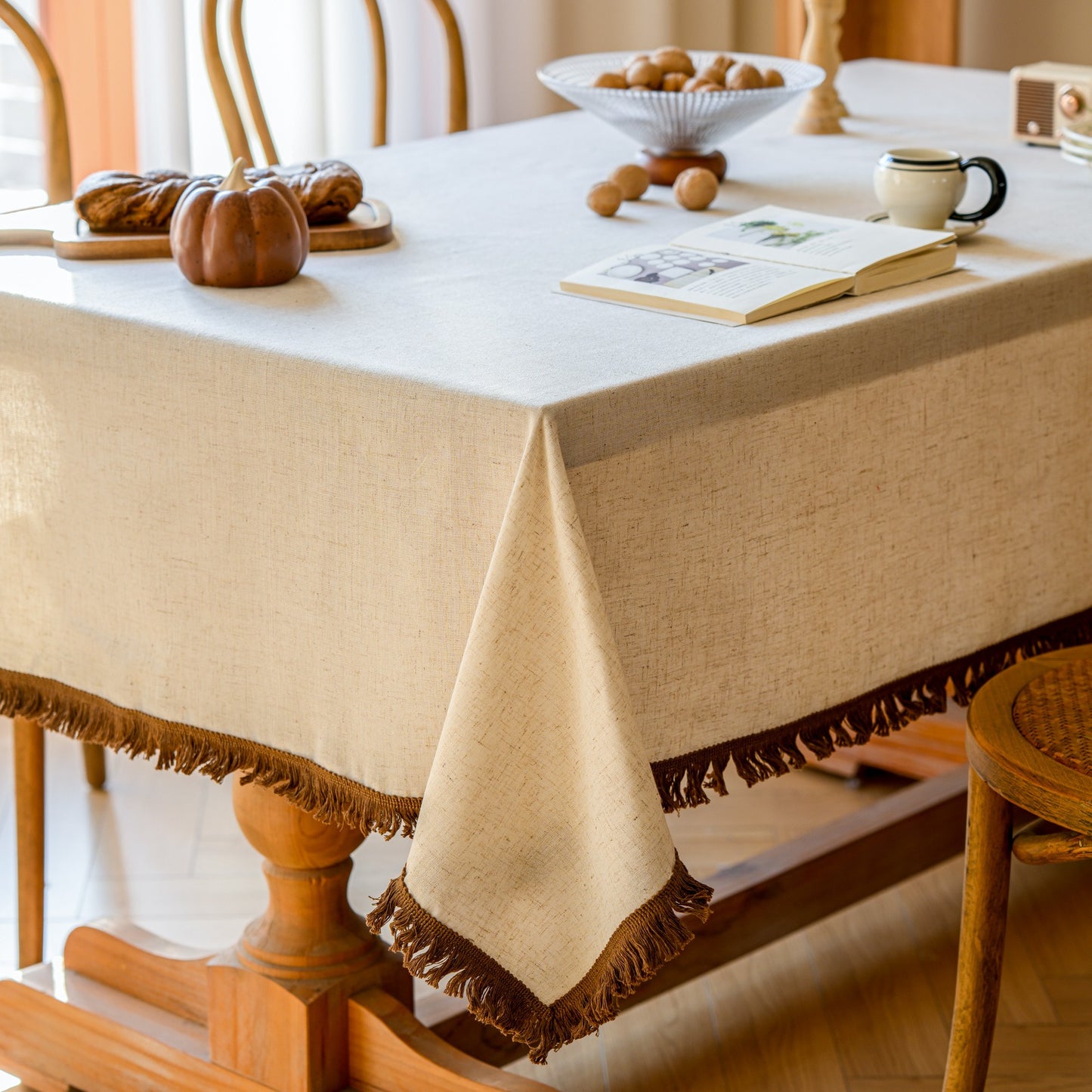 White Polyester Linen Tablecloth with Brown Fringe
