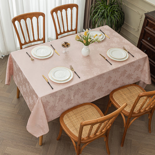 Polyester Jacquard Waterproof Elegant Damask Rose Floral Pattern Tablecloth in Light Pink