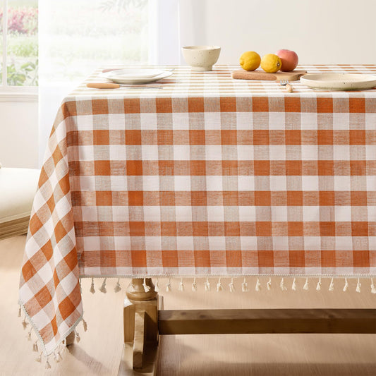 Wrinkle-Resistant Cotton Blend Classic Gingham Tablecloth with Tassels in Orange