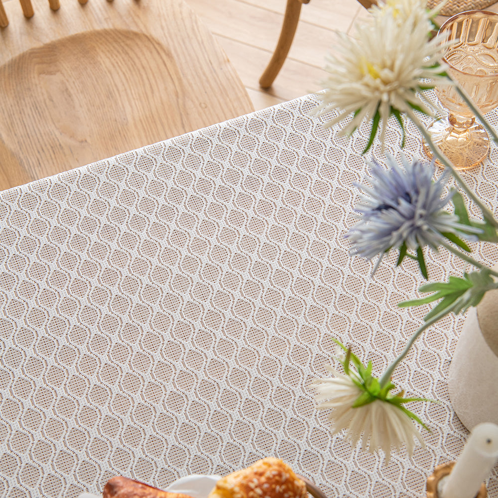 Polyester French-Elegance Lattice Tablecloth with Wheat Tassels in White