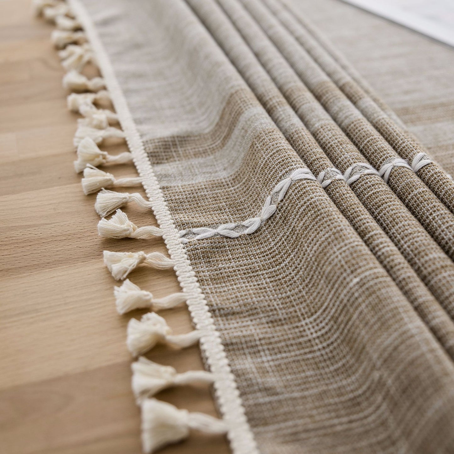 Cotton-Linen Blend Asymmetric Double Embroidery Striped Tablecloth in Coffee Brown