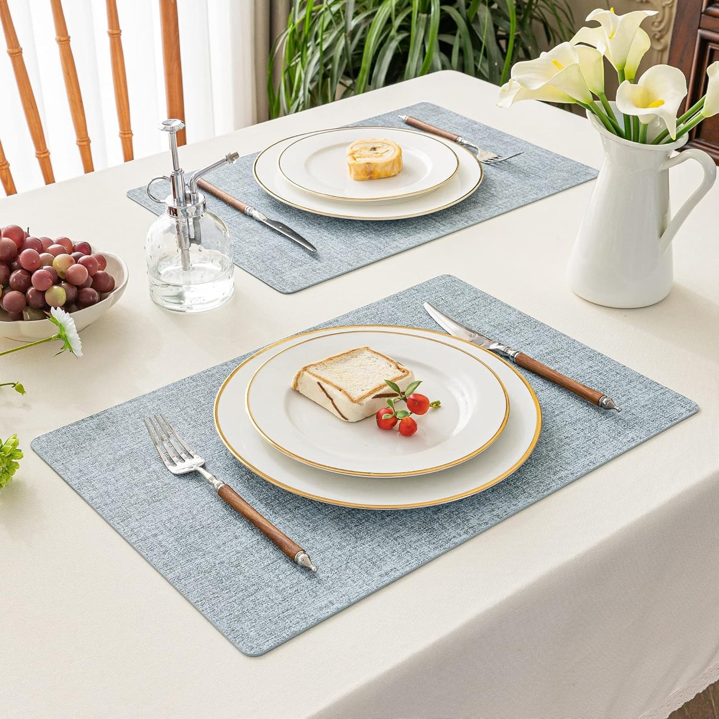 Polyurethane Linen-textured 100% Waterproof Oil-Proof Wipeable Heat Resistant Placemats Set in Sky Blue
