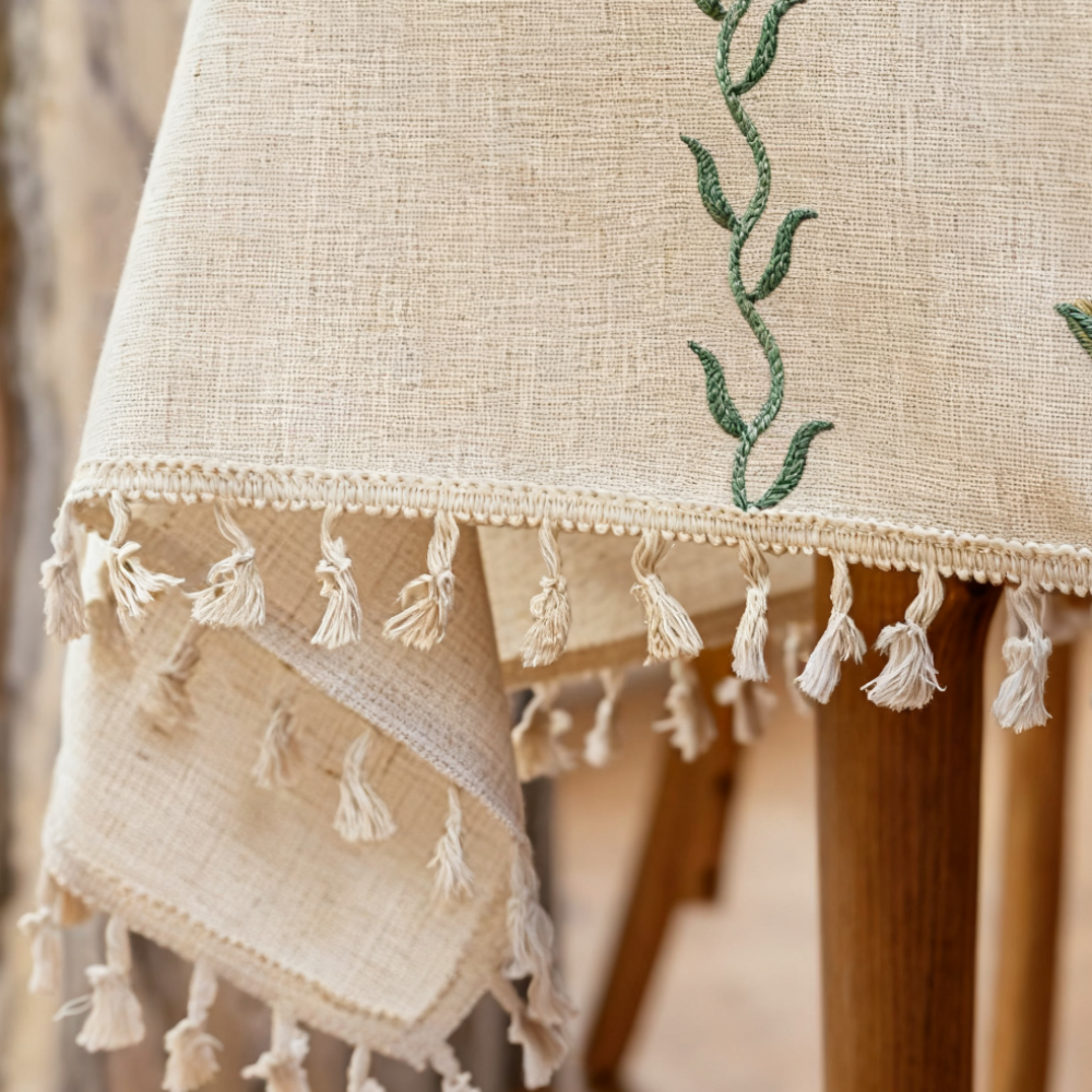 Polyester-Cotton Blend Embroidered Green Mimosa Tablecloth