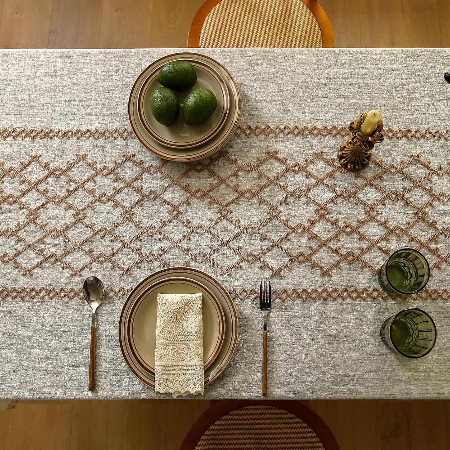 Polyester linen geometric embroidered tablecloth