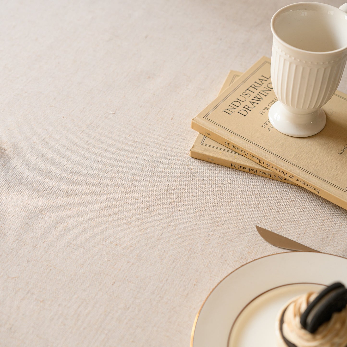 White Polyester Linen Tablecloth with Brown Tassel Lace