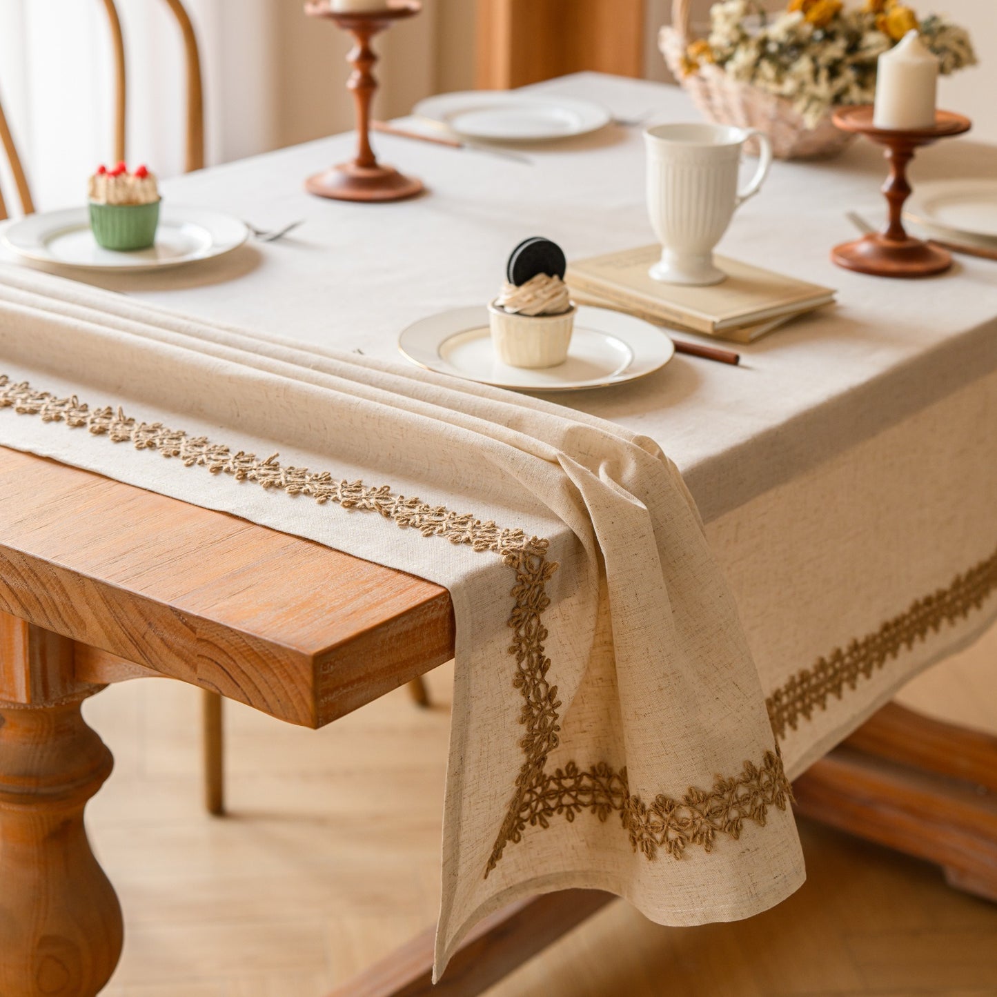 White Polyester Linen Tablecloth with Brown Crisscross Lace