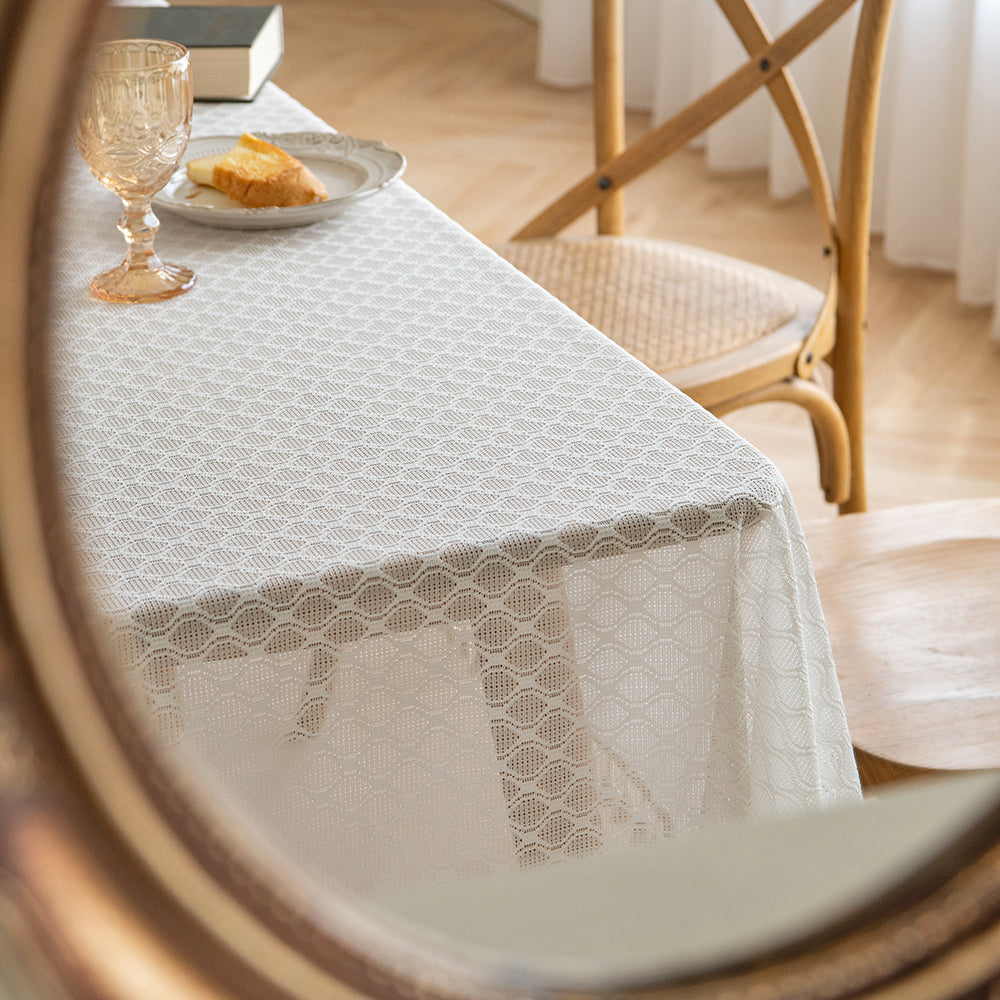 Polyester French-Elegance Lattice Tablecloth with Wheat Tassels in White