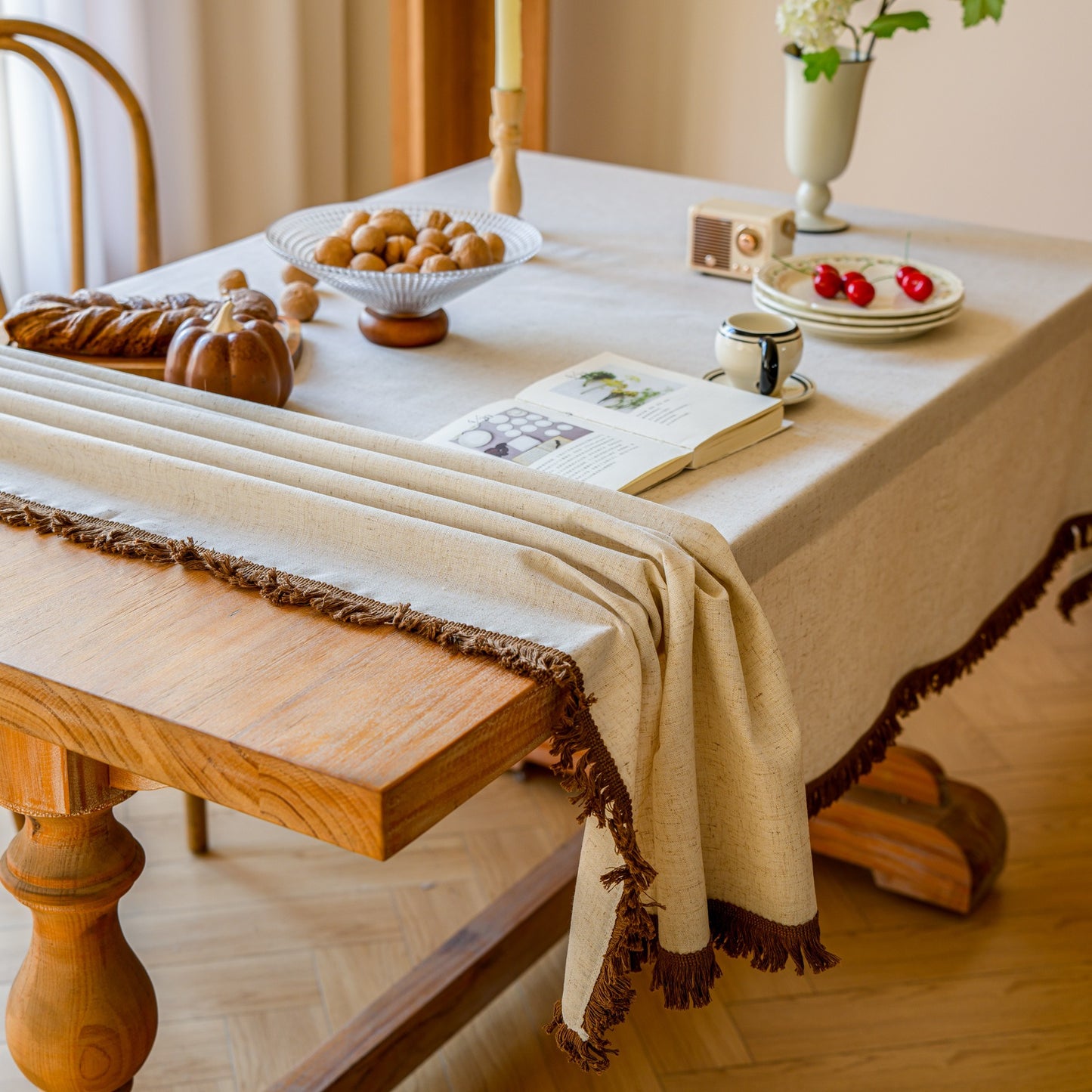 White Polyester Linen Tablecloth with Brown Fringe
