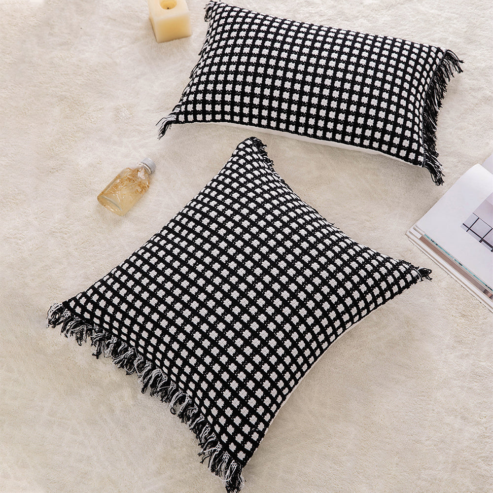 Polyester and Cotton Plaid Fringe Tufted Throw Pillowcases - Black and White Checkered Raw Edge