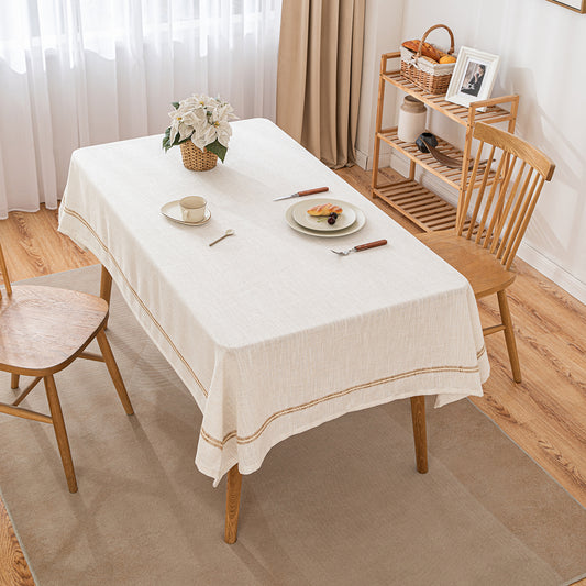Poly-Linen Tablecloth with Brown Rope Trim in White