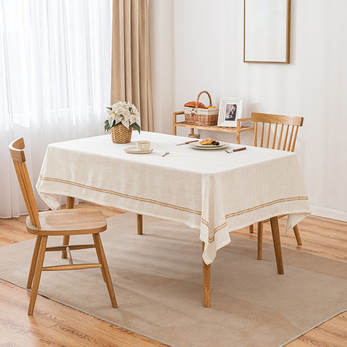 Poly-Linen Tablecloth with Brown Rope Trim in White