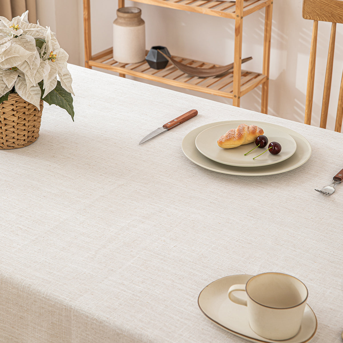 Poly-Linen Tablecloth with Brown Rope Trim in White
