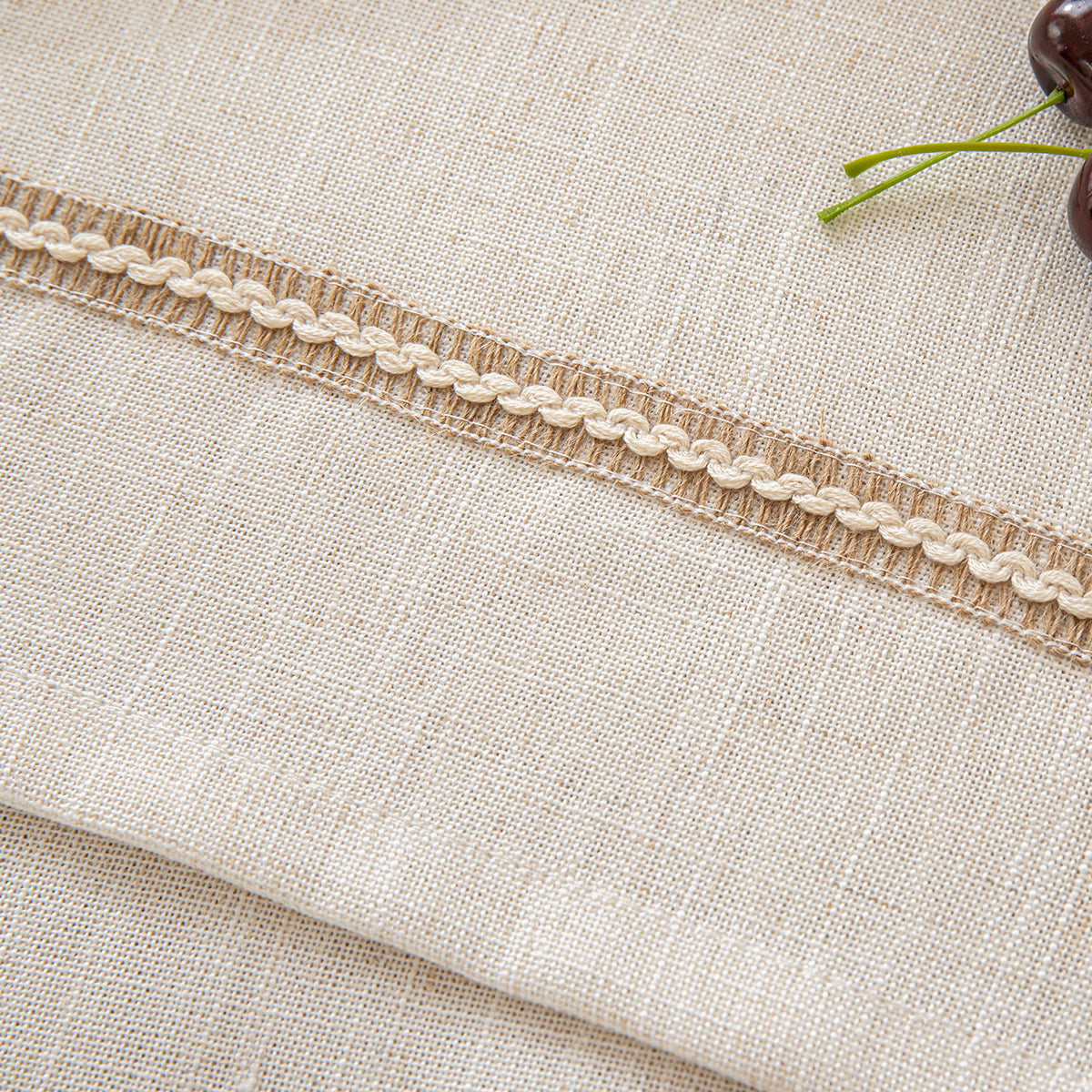 Poly-Linen Tablecloth with Brown Rope Trim in White
