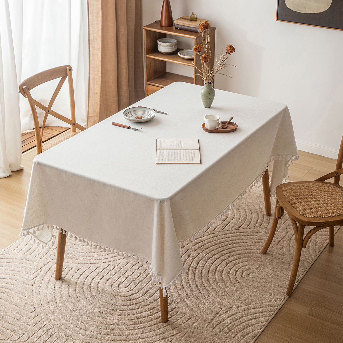 Poly-Linen Solid-Color Tablecloth with Tassel Trim in White
