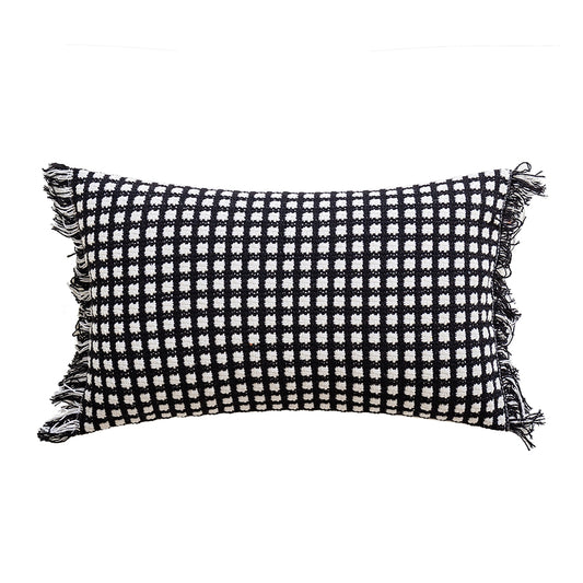 Polyester and Cotton Plaid Fringe Tufted Throw Pillowcases - Black and White Checkered Raw Edge
